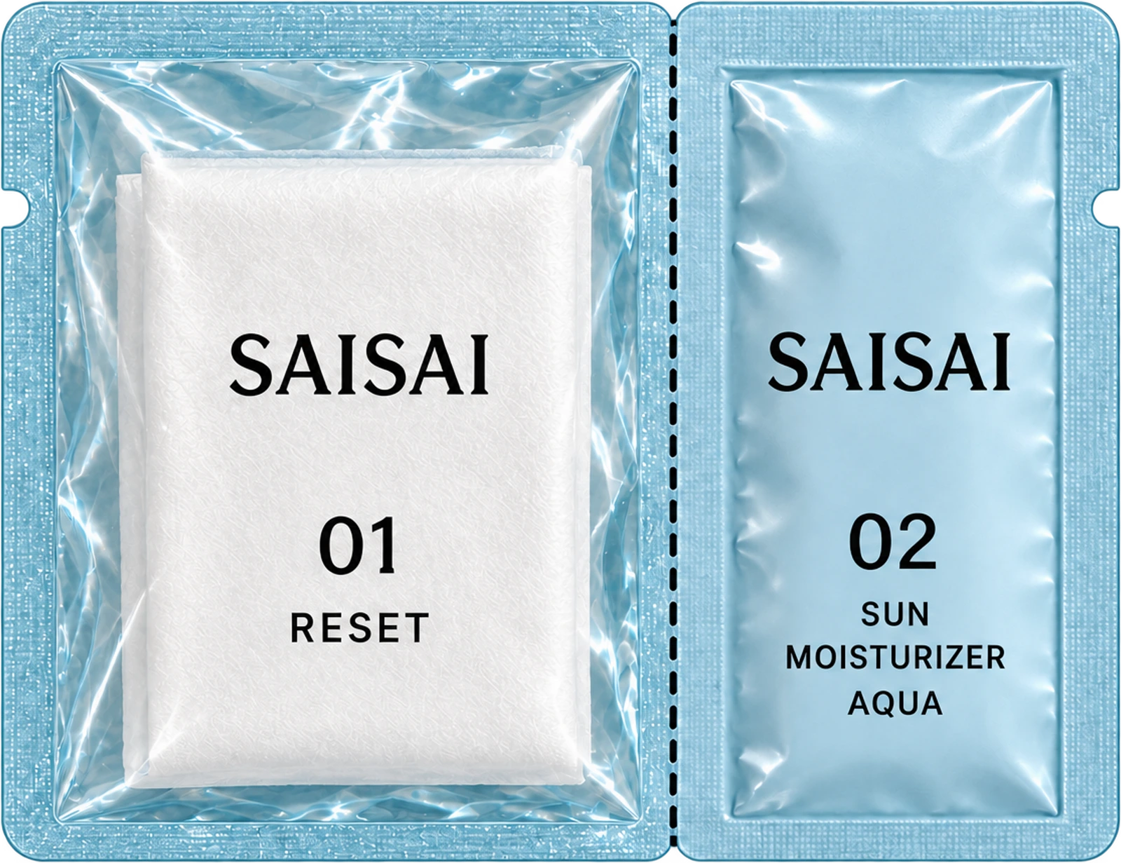 SAISAI AQUA 정면: 넓은 투명 파우치 속 정돈 시트와 수분 선크림이 세로 절취선으로 연결된 제품