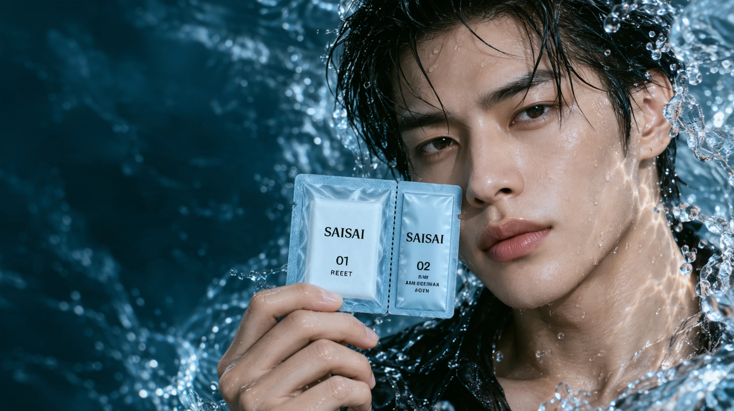 물결 속에서 SAISAI AQUA 듀오 팩을 든 남성 모델